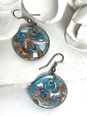 Blue Murano Style Round Glass Dangle Earrings